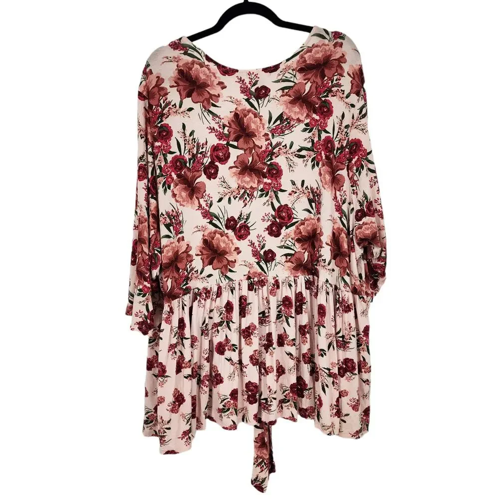 Torrid Pink Floral Knit Crepe Baby Doll 3/4 Sleeve Peplum Jacket Kimono Size 5X